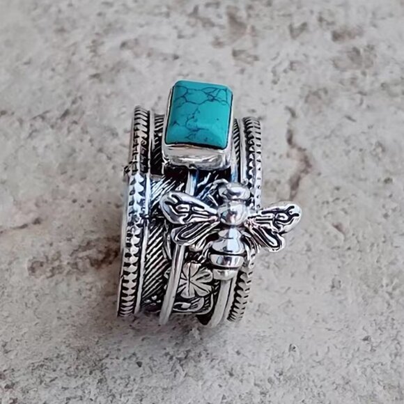 Bumble Bee with Faux Turquoise Stone Boho Band Ring #1193 - Picture 7 of 9